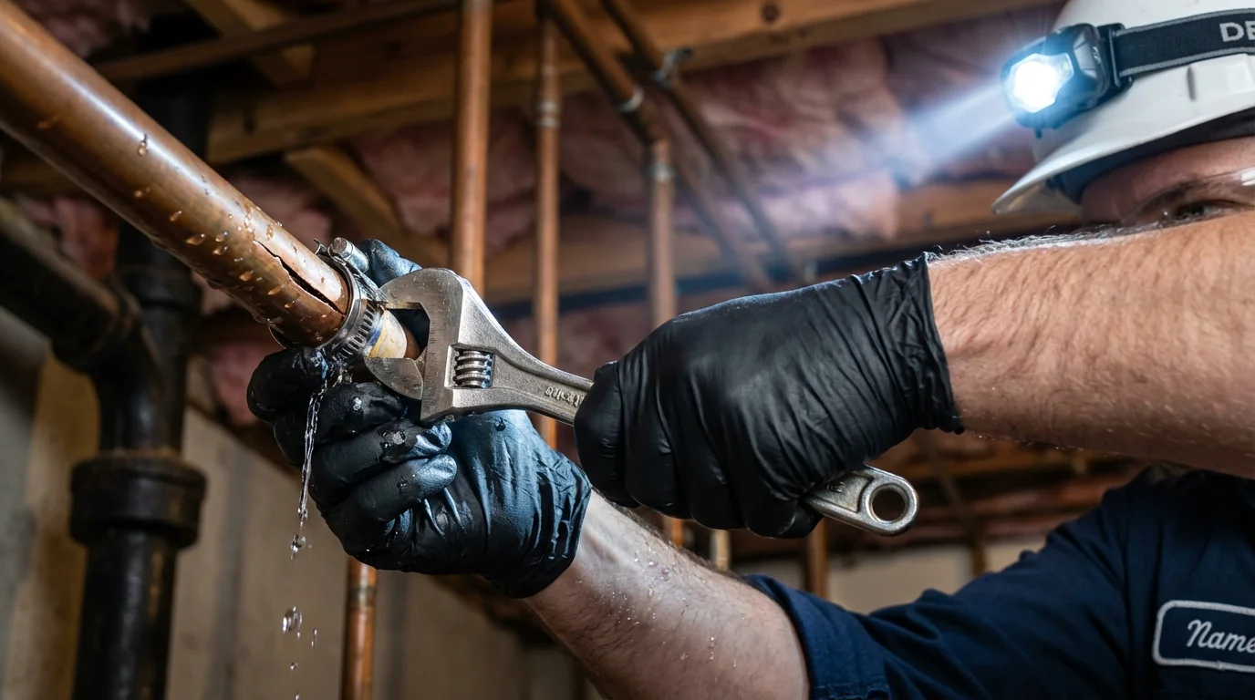 Emergency pipe clamp repair being performed by a Johns Plumbing LLC plumber in Odem